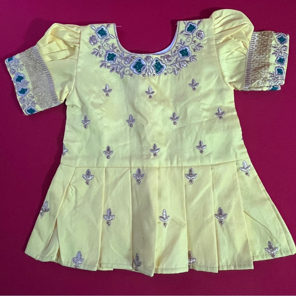 Girl’s White Button Embroidered Lemon Yellow Dress with Green Accents